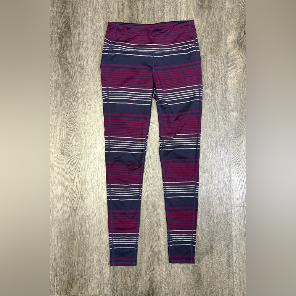 Athleta Burgundy, Navy & White Striped High-Rise Leggings